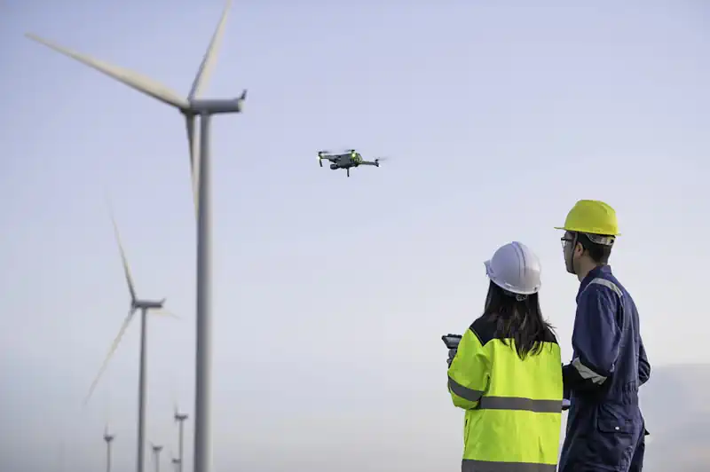 Drone Inspecting Wind Turbine